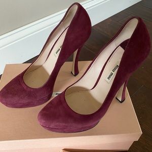 AUTHENTIC MIU MIU BURGUNDY SUEDE PLATFORM PUMPS.